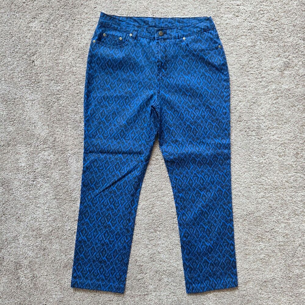 dg2 Diane Gilman Jeans 12 Blue Ikat Print Classic Stretch Straight Tribal NWOT